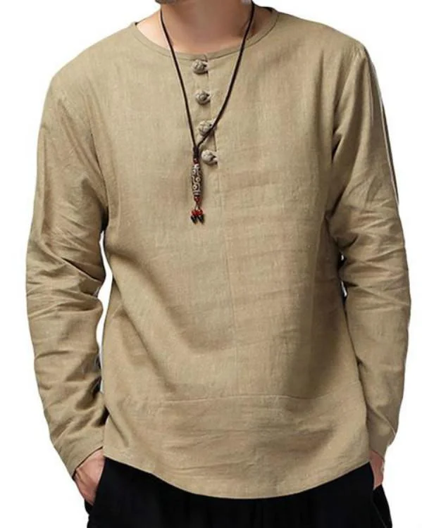 hoombox Men's Vintage Cotton Button Collar Solid Color Long Sleeve T-shirt Beaded Sequined Faux Fur
