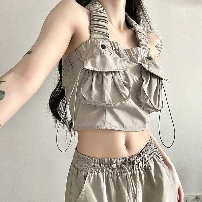 Women's Grunge Big-pocket Drawstring Halterneck Tank Top vintage tank top