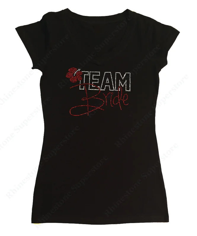 Womens T-shirt with Red Team Bride with Flower in Rhinestones Front Pockets Side Pockets Patch Pockets