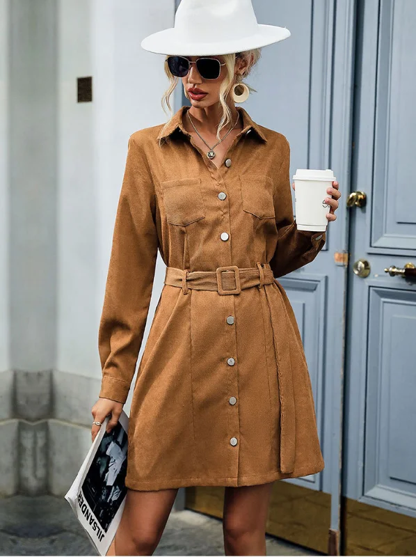 Casual Corduroy Dress Women Autumn Winter Long Sleeves Turn Down Collar Elegant Dress Tunics Essential wardrobe