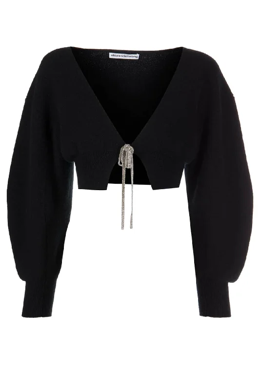 Alexander Wang Crystal Tie V-Neck Cropped Cardigan - Black Hooded Cardigan Collared Cardigan Shawl Collar