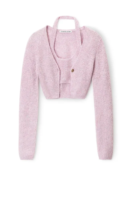 alexanderwang.t Twinset Halter Knit Cardigan - Lavender Frost Cashmere Blend Cotton Blend Poly Blend