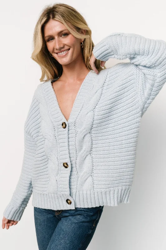 Ames Cable Knit Cardigan | Light Blue Crew Neck V-Neck Turtle Neck