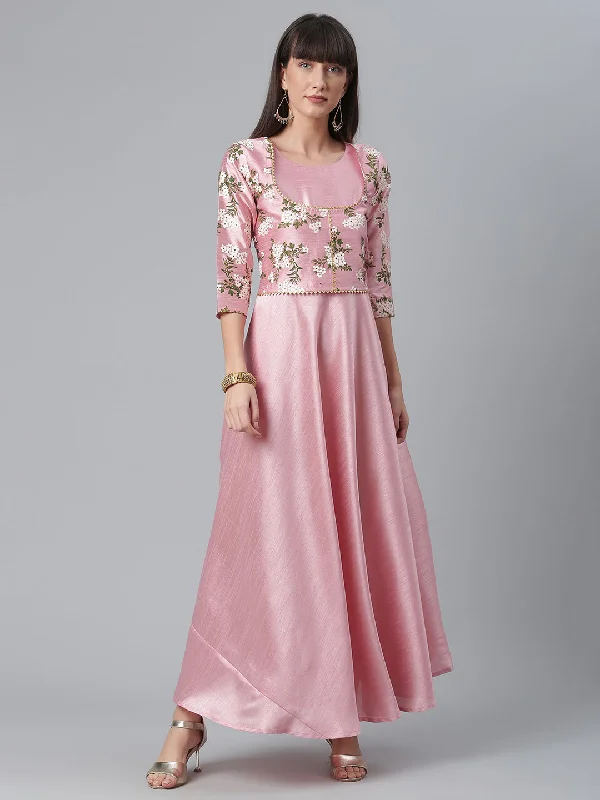 Pink Art Silk Solid Dress with Attached Floral Print Jacket Turtleneck Warm Winter