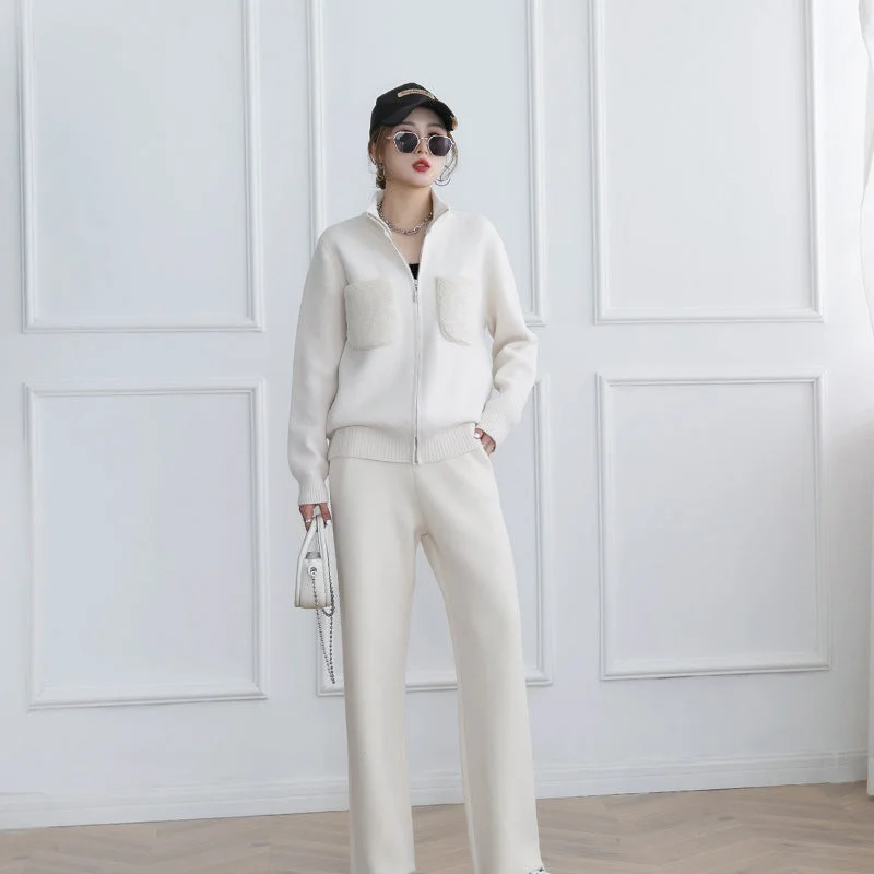 Autumn and winter new double-sided cashmere knitted suit Korean style design stand-up tie pocket cardigan wide-leg pants two-piece set Long Cardigan Short Cardigan Medium Cardigan