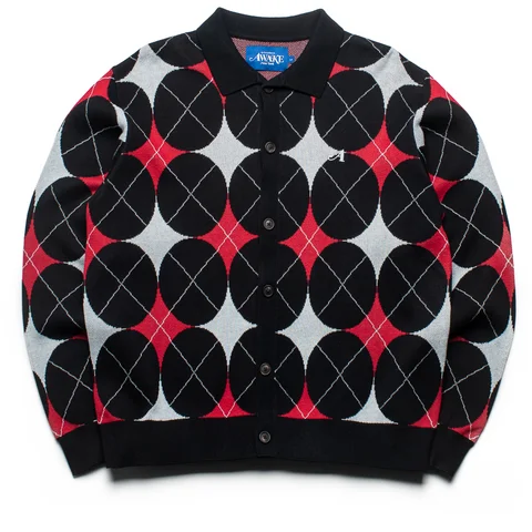 Awake NY Argyle Knit Collared Cardigan - Black Handmade Hand-knitted Hand-woven