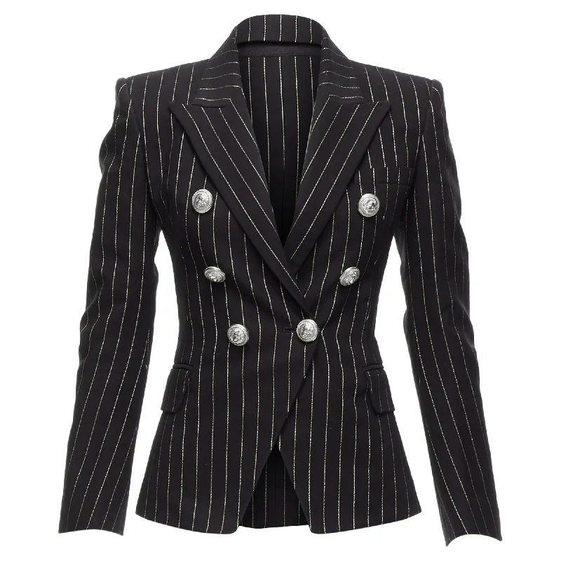 Balmain Metallic Striped Cotton Blend Double Breasted Blazer Women's Custom Jacket