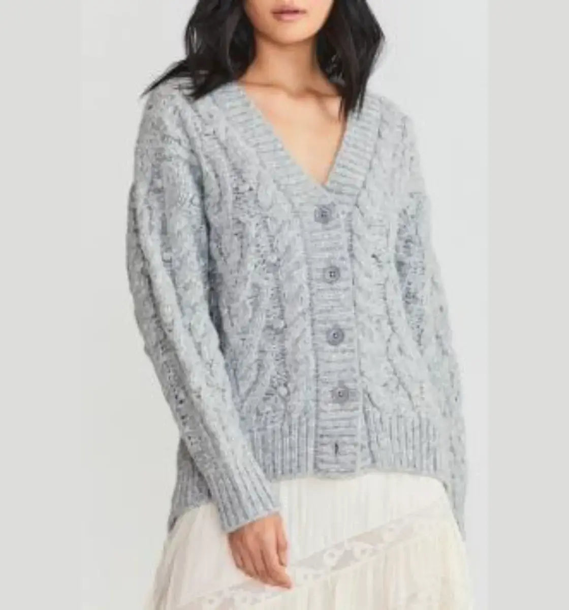 Love Shack Fancy - Beckett Cardigan in Grey Satin Fabric Silk Fabric Chiffon Fabric