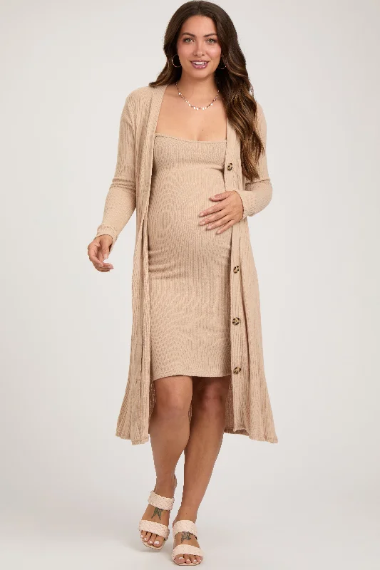 Beige Ribbed Soft Knit Dress Cardigan Maternity Set Crew Neckline Sporty