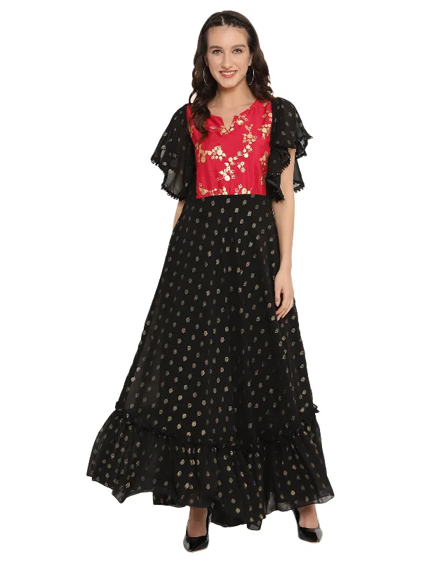 Black & Red Flared Ethnic Maxi Dress Elegant Long Evening