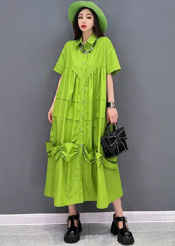 Bohemian Solid Green Peter Pan Collar Patchwork Oversized Dress Short Sleeve Tunics Fall fleece