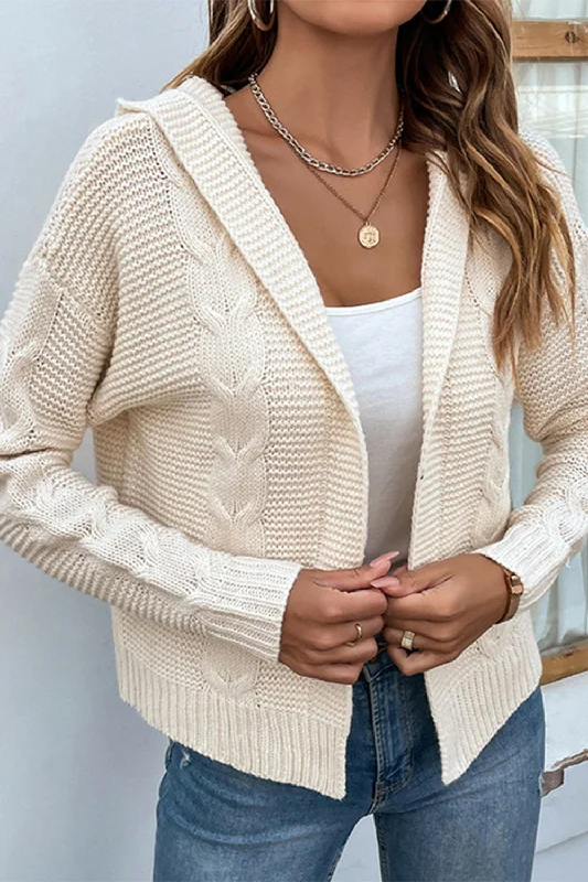Cable-Knit Dropped Shoulder Hooded Cardigan Front Pockets Side Pockets Patch Pockets