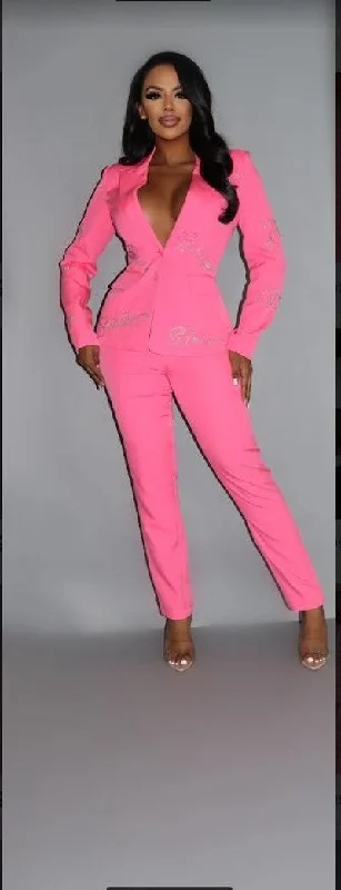 2 Piece Powersuit Blazer & Pants Set With Rhinestone Letterings On Blazer Plus Size Women's Coat