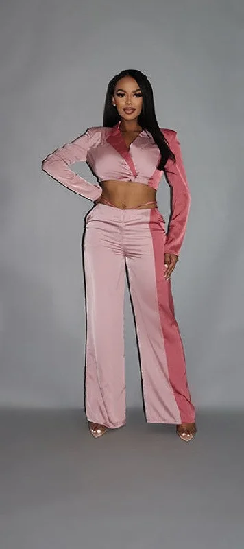 Colorblock Crop Blazer With Matching Low Rise Wide Leg Pant Set With Pockets Women's Radiation Jacket