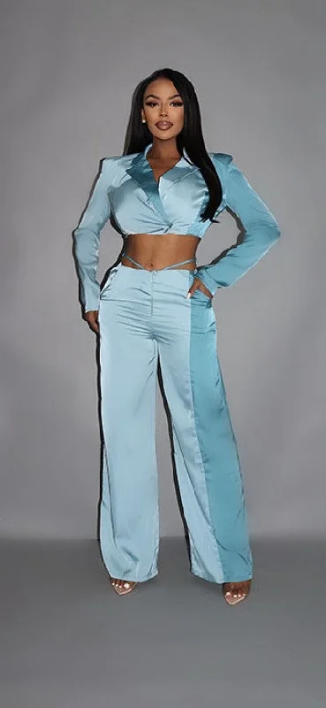 Colorblock Crop Blazer With Matching Low Rise Wide Leg Pant Set With Pockets Women's Navy Jacket