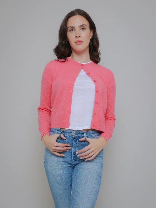 Essential Cashmere Crewneck Cardigan - Bright Tulip Faux Fur Fabric Real Fur Fabric Shearling Fabric
