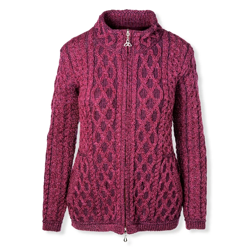 Yeats Plated Aran Zip Front Cardigan Solid Color Striped Floral Print