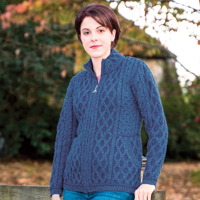 Yeats Plated Zip Up Irish Aran Cardigan, Marl Blue, 100% Merino Wool Front Pockets Side Pockets Patch Pockets