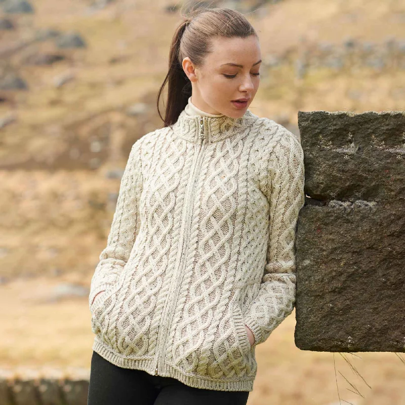 Irish Aran Knit Cardigan- Oatmeal Chenille Brocade Lace