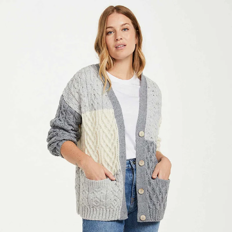 Aran Knit Patchwork Cardigan- Blue, Grey, White Soft Cozy Warm