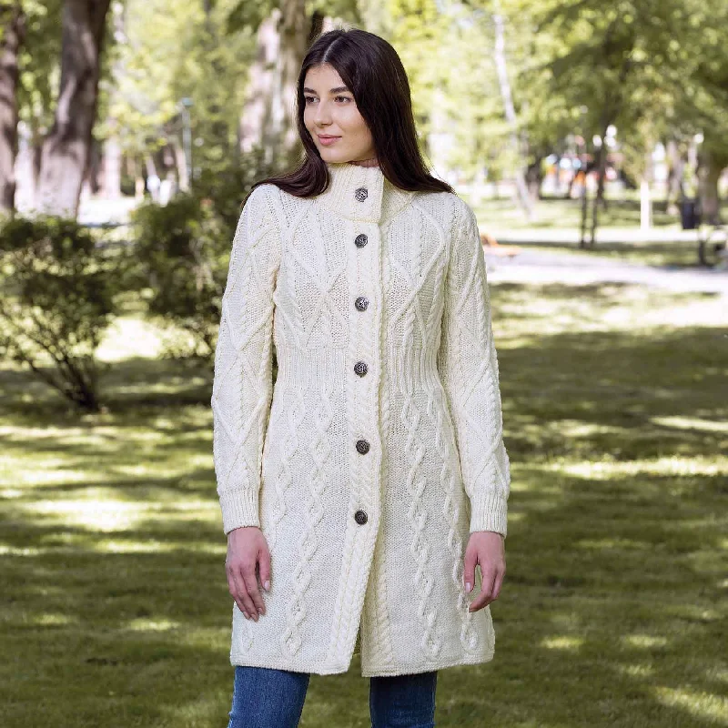Women's Aran Cable Knit Signature Coat, Natural Print Jacquard Embroidered