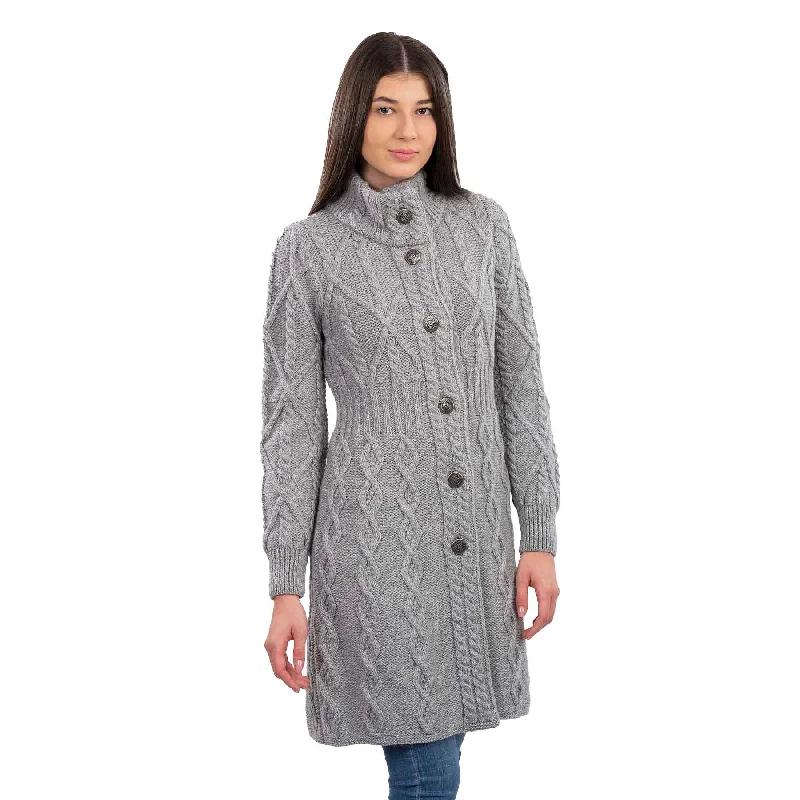 Women's Aran Cable Knit Signature Coat, Grey Turtleneck Jacket Crew Neck Jacket V-Neck Jacket
