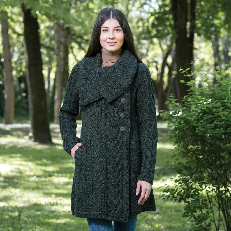 Women's Classic Aran Knit Cable Coat, Army Green Parka Down Jacket Wool Coat