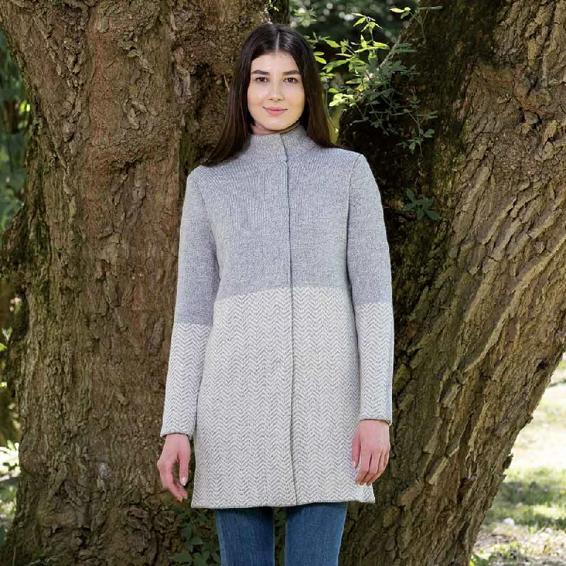 Women's Aran Knit Herringbone Coat, Grey Suede Jacket Faux Fur Jacket Puffer Jacket