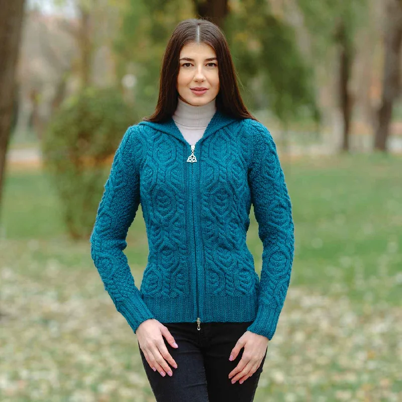 Women's Aran Knit Double Collar Zipped Cardigan, Teal Velvet Chenille Corduroy
