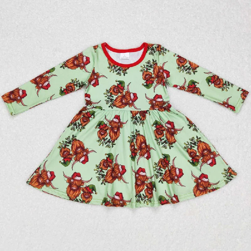 Christmas Cow Print Girls Dress Boutique Long Sleeve Dresses GLD0387 Tunics Chic elegant
