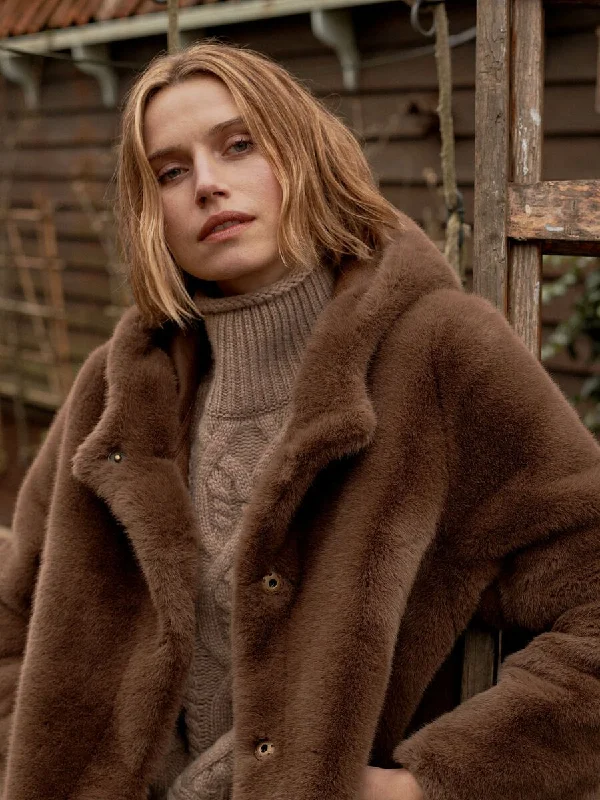 Coffee Reversible Faux Fur Coat Buttoned Toggled Snapped