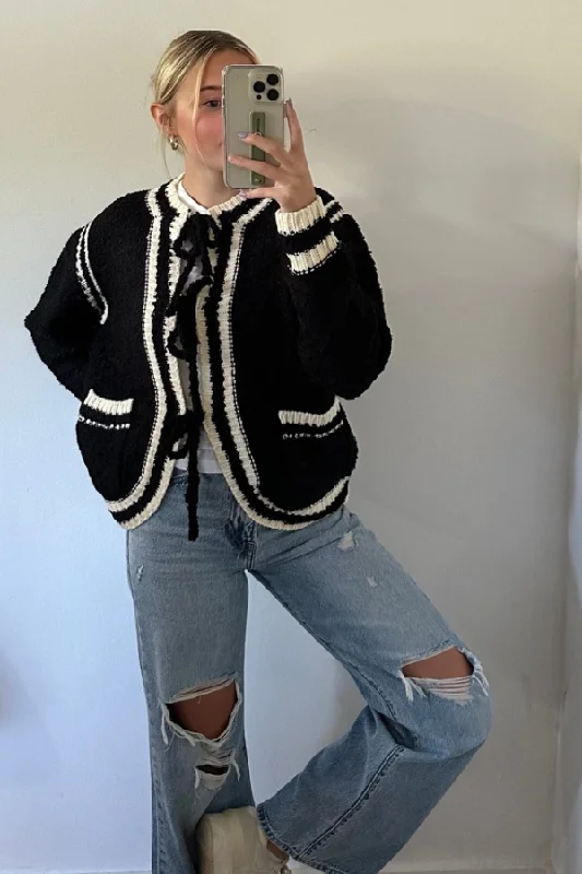 Contrast Tie Cardigan Handmade Hand-knitted Hand-woven