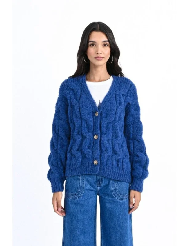 Chunky Cable Cardigan - Blue Mesh Blend Leather Blend Suede Blend