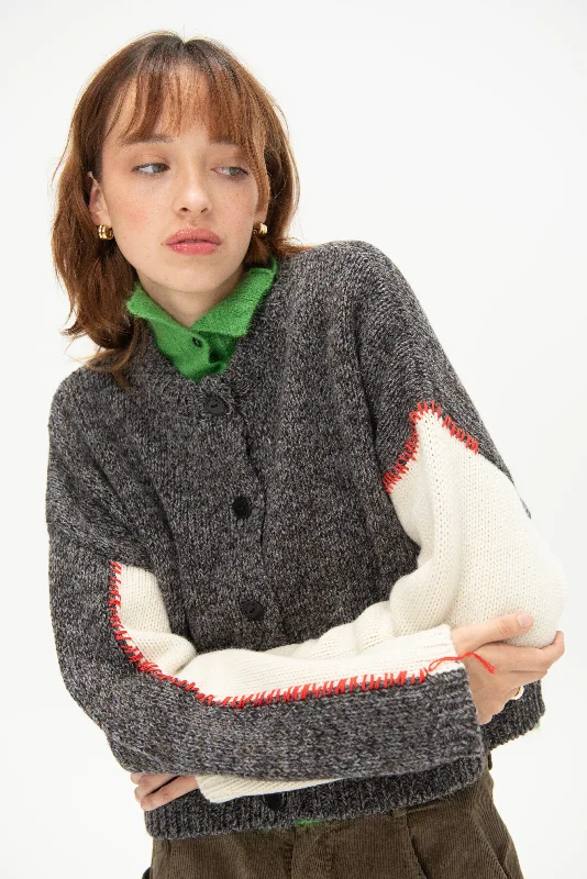 Merino Wool Stitched Cardigan, Grey Iron Safe Non-Iron Wrinkle Free