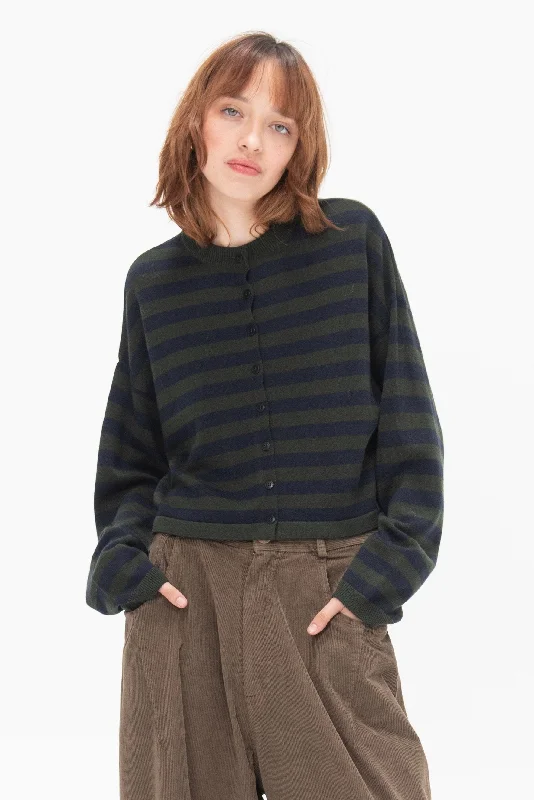 Merino Wool Striped Cardigan, Stripe Elasticated Padded Insulated