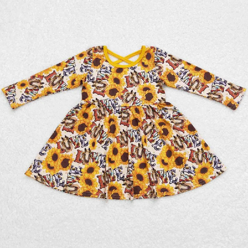 Cow Sunflower Print Baby Girls Dress Long Sleeve Twirl Dresses GLD0393 Tunics Stylish elegant