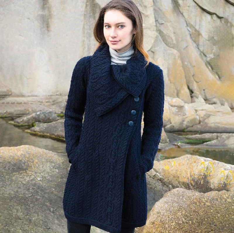 Chunky Collar Aran Knit Coat- Navy Satin Silk Chiffon