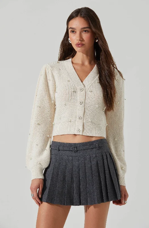 Delsie Pearl Embellished Cardigan Welt Pockets Slit Pockets Flap Pockets