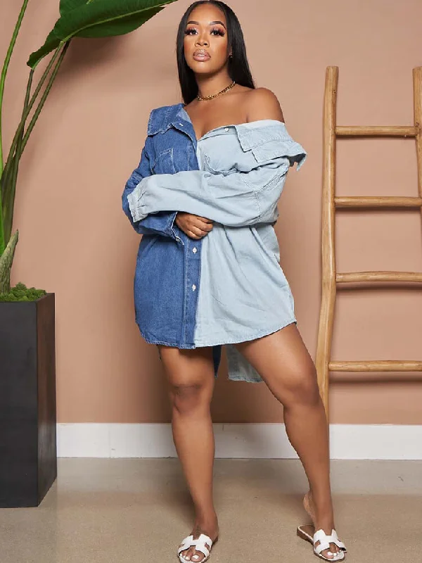 Denim Long Sleeve Color Block Patchwork Shirt Dresses Tunics Fashionable trendy