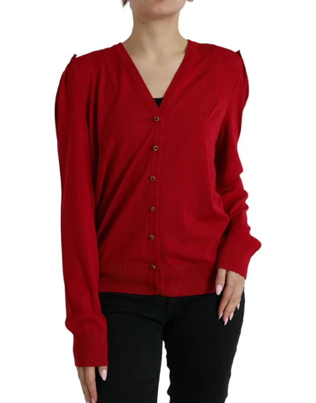 Dolce & Gabbana Elegant Red V-Neck Wool Cardigan Toggled Drawstring Belted