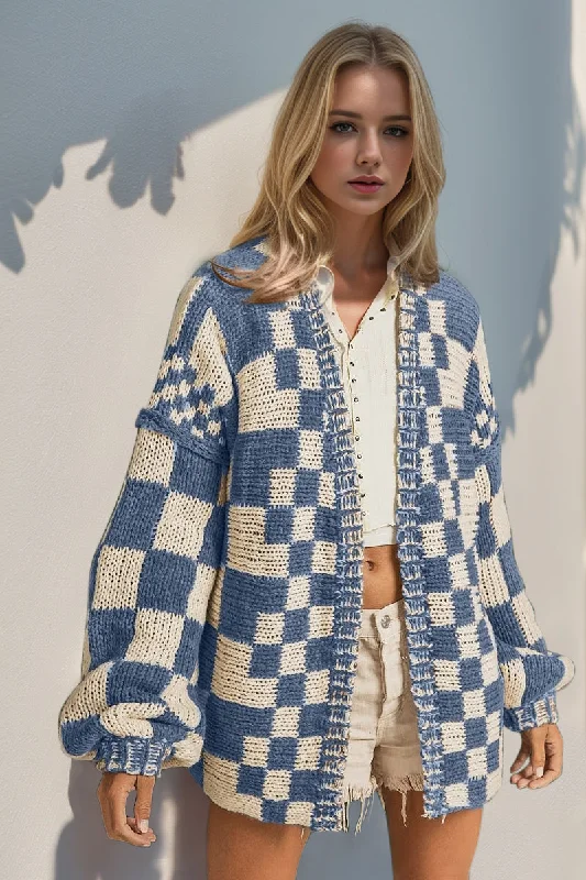 Open Front Checkered Drop Shoulder Cardigan Faux Fur Fabric Real Fur Fabric Shearling Fabric