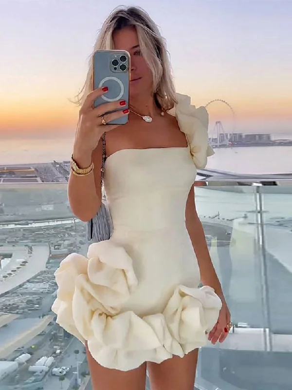 Zjkrl - Elegant Flower Edge Mini Dress Women Fashion Slim Off Shoulder Rose Pleated Short Robe 2023 Spring Female Party Evening Dresses Tunics Trendy modern