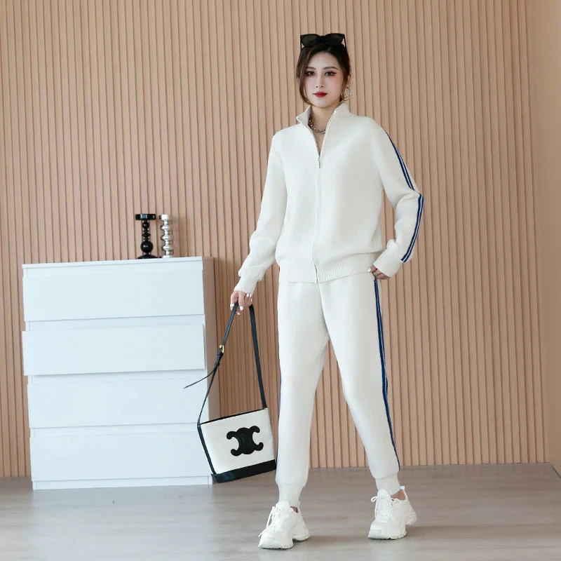 Fashion sports cashmere knitted suit for women autumn and winter new casual striped zipper stand collar cardigan pants two-piece set Lightweight Heavyweight Midweight