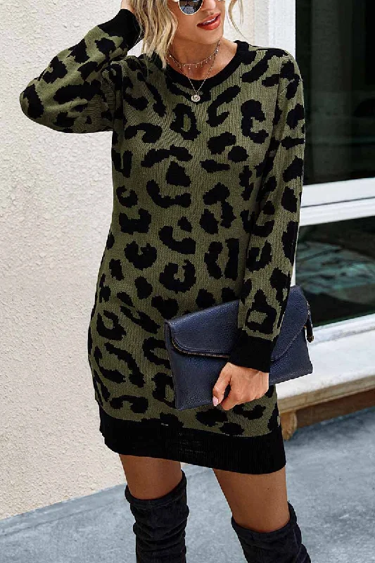 Zjkrl -  Leopard Print Oneck Mini Dress Tunics Travel practical