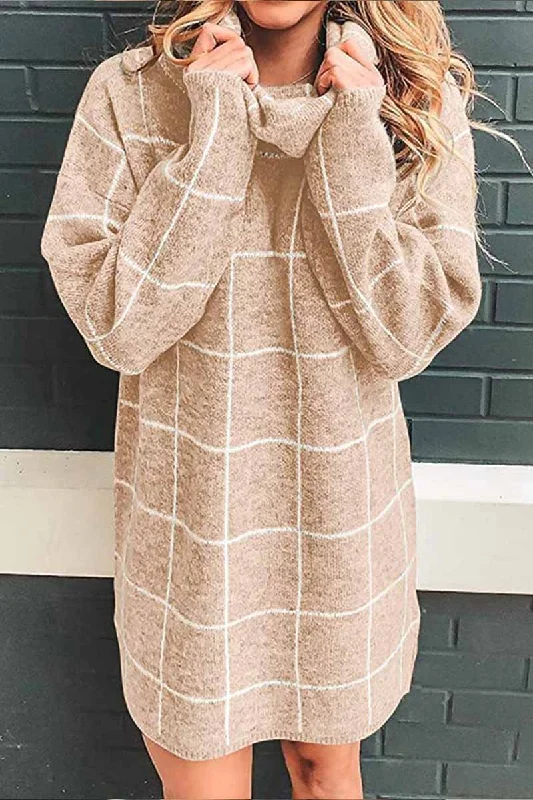 Zjkrl -  High Collar Plaid Loose Mini Dress Maxi Flowy Bohemian