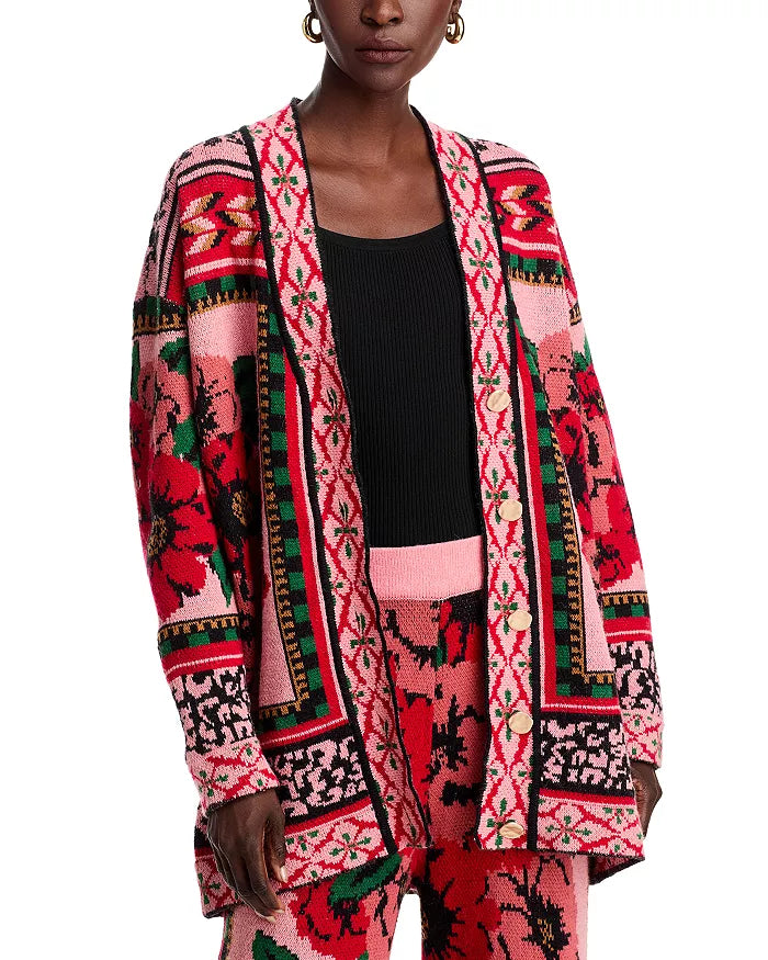 Flower Tapestry Knit Cardigan Machine Wash Dry Clean Hand Wash