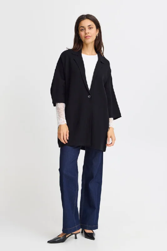 Fransa long Black Cardigan with revere collar and pockets Striped Floral Plaid