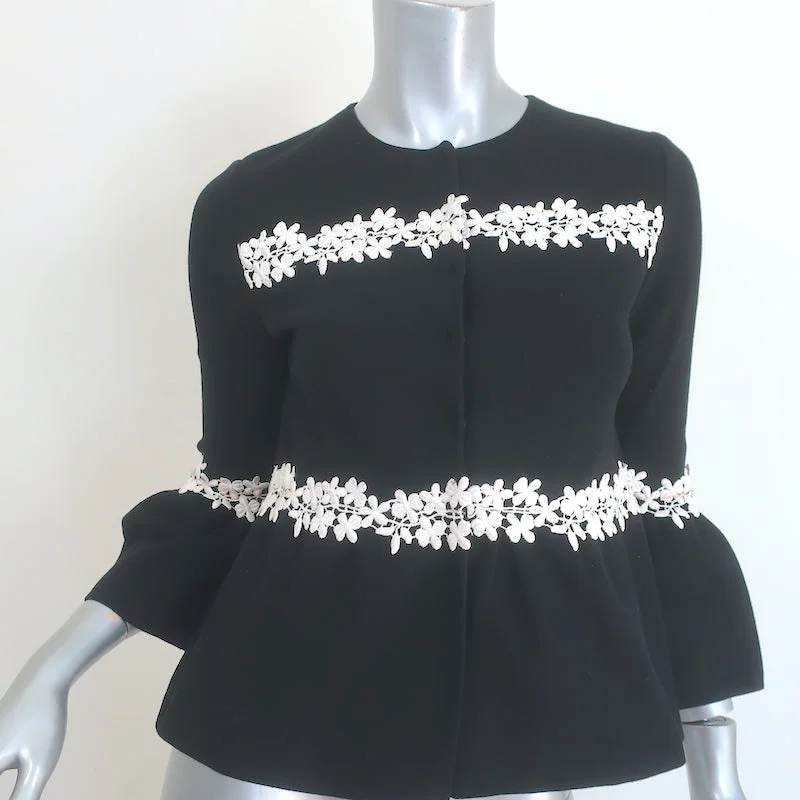 Giambattista Valli Floral-Embroidered Bell Sleeve Cardigan Black Size 40 Boxy Cardigan Fitted Cardigan A-Line