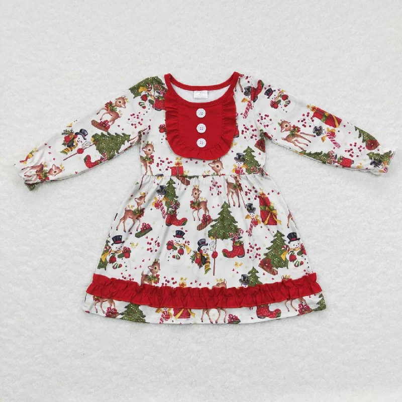 GLD0292 Snowman Fawn Christmas Tree Red Lace Long Sleeve Dress Tunics Occasion special