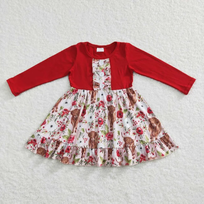 GLD0322 Alpine cow flower lace red long-sleeved dress Tunics Stylish modern